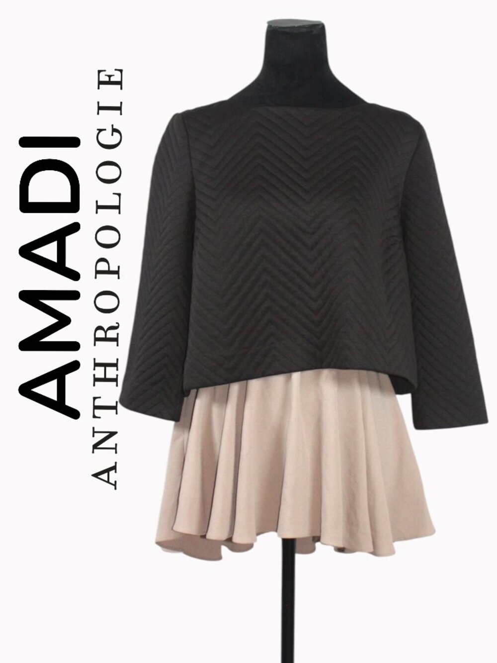 Amadi by Antropologie Black Quilted Top with Taupe Underlayer Size Large